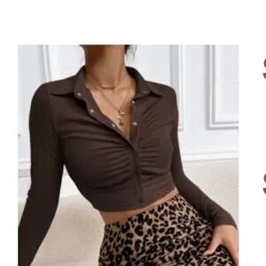 SHEIN Brown Long Sleeve Ruched Crop Polo Shirt